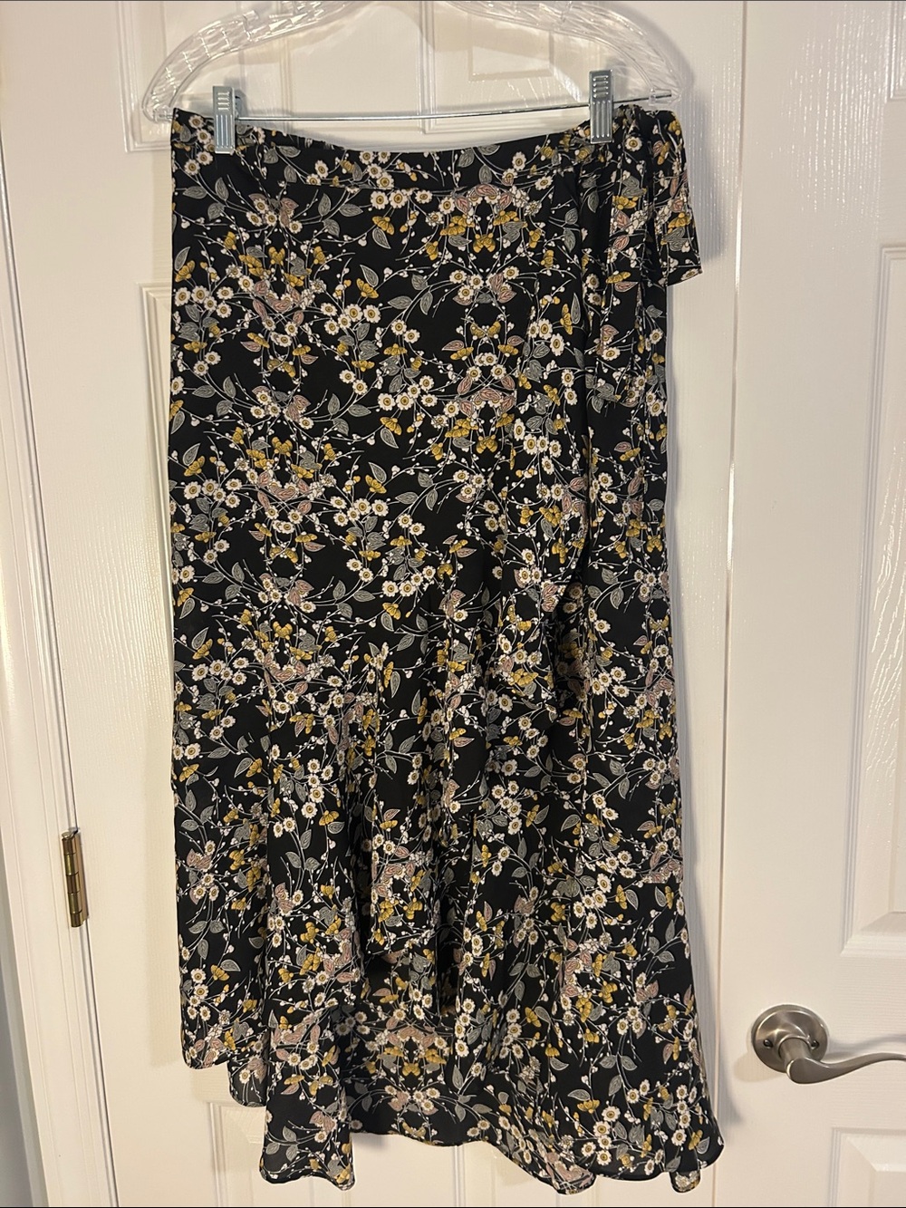 Max Studio Black Floral A-Line Wrap Skirt with Yellow & Pink Accents